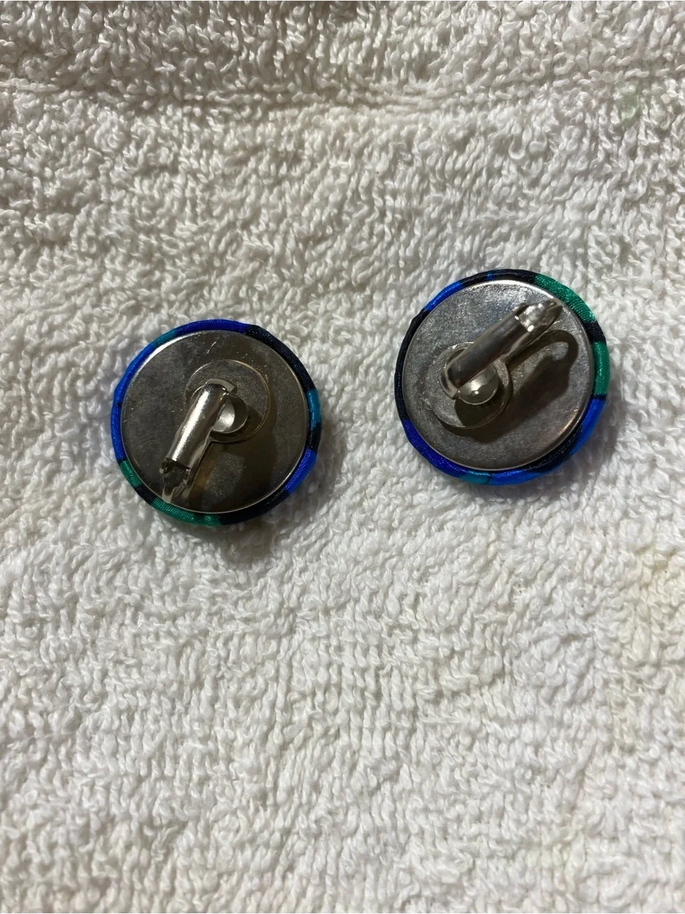 Round Fabric Button Clip On Earrings in Blue & Green (RR)
